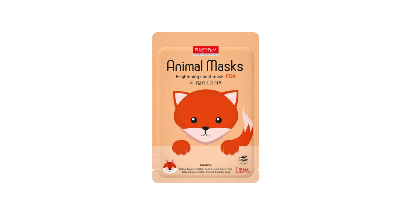 PUREDERM Skin Solution Animal Masks izgaismojoša auduma sejas maska ar apdruku “Lapsa” 9517