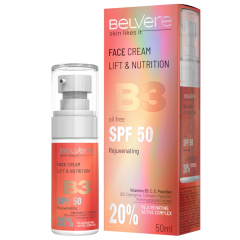 BELVERE Skin Likes It B3 atjaunojošs sejas krēms liftinga efektam un ādas barošanai ar SPF 50. 50 ml
